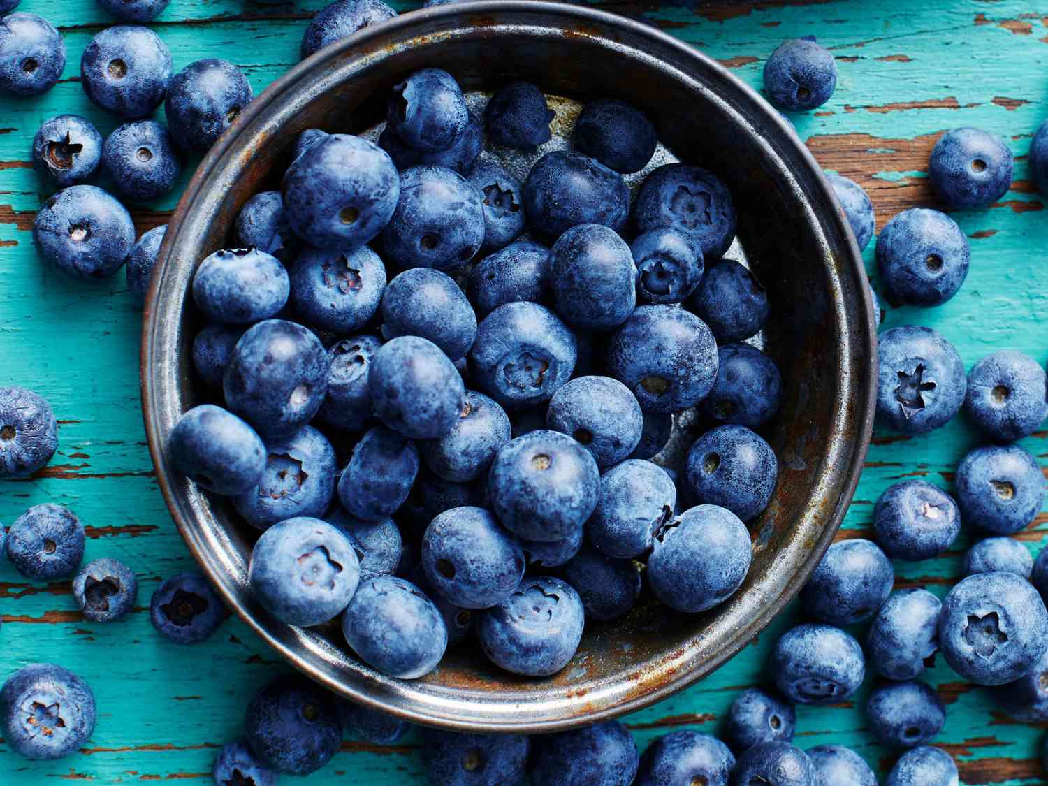 Still life with bowl of blueberries and yogurt, overhead view