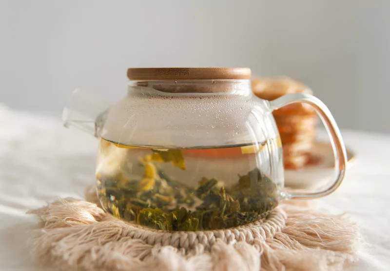 a pot of green tea brewing